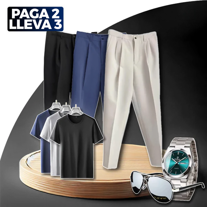 Paga 2, llévate 3 Pantalones de sastrería Valle en poliéster con ajuste + REGALOS: 3 camisas, reloj y gafas | PROMOCIÓN ESPECIAL 30 AÑOS - ENVÍO GRATIS