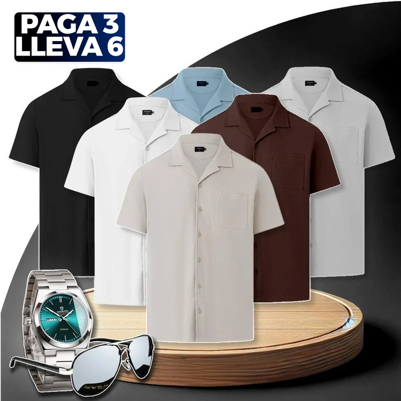 Paga 3, Lleva 6 Kit de Camisas Havana Waffle con Cuello Cubano + REGALOS: Reloj y Gafas | PROMOCIÓN ESPECIAL 30 AÑOS - ENVÍO GRATIS