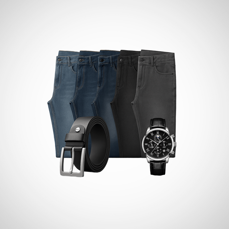 Kit 5 Pantalones Vaqueros Masculinos Elegantes + REGALOS: Cinturón de Cuero + Reloj de Lujo  | PROMOCIÓN ESPECIAL 30 AÑOS - ENVÍO GRATIS
