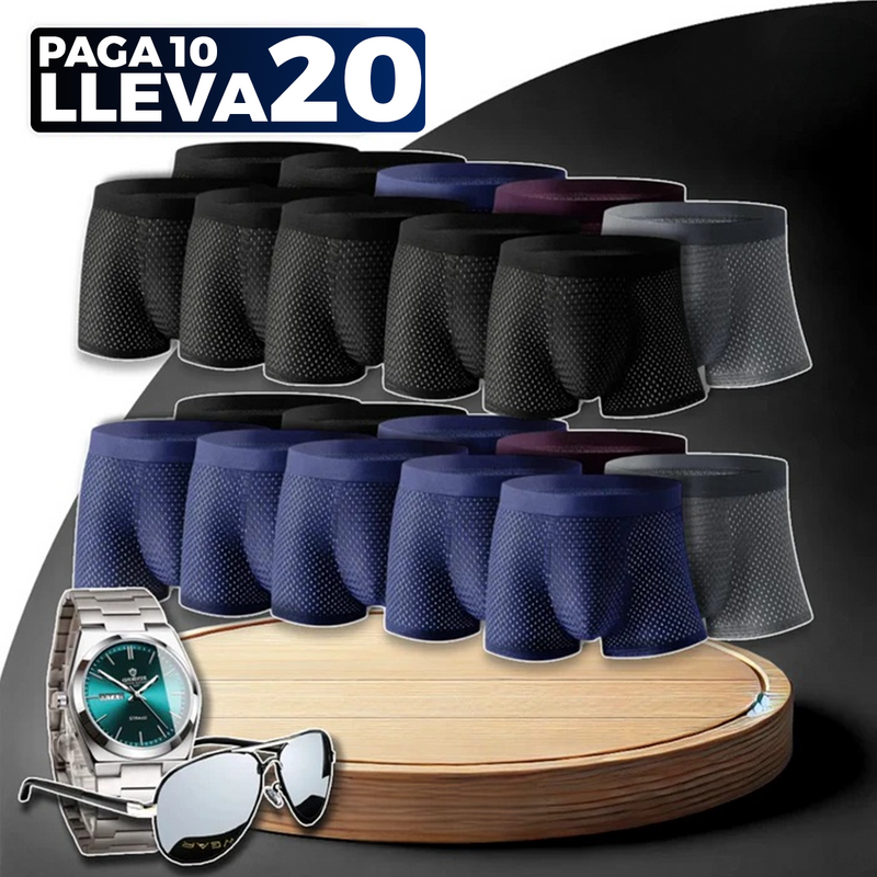 Paga 10, Llevás 20 – Kit de Calzoncillos Bóxer de Fibra de Bambú con REGALOS: Reloj y Gafas | PROMOCIÓN ESPECIAL 30 AÑOS - ENVÍO GRATIS