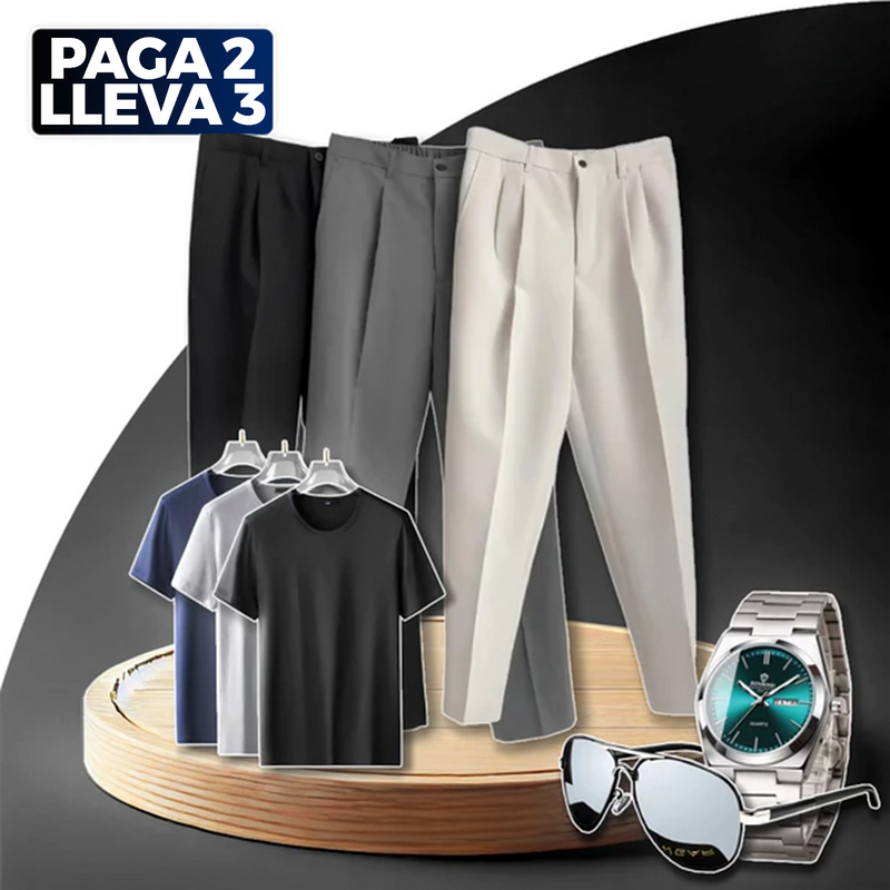 Paga 2, llévate 3 Pantalones de sastrería Valle en poliéster con ajuste + REGALOS: 3 camisas, reloj y gafas | PROMOCIÓN ESPECIAL 30 AÑOS - ENVÍO GRATIS