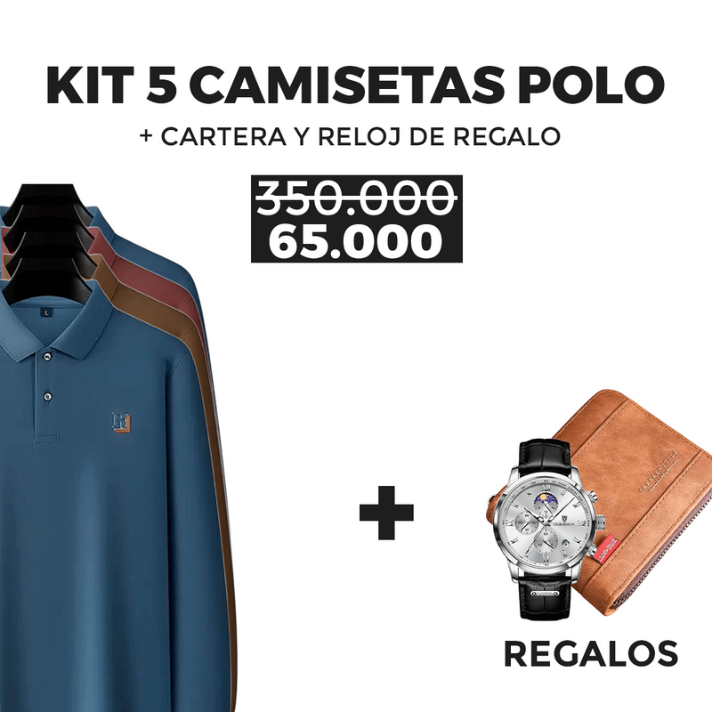 Kit de 5 Camisas: Polo de manga larga + Regalos: Reloj de lujo y Cartera | PROMOCIÓN ESPECIAL 30 AÑOS - ENVÍO GRATIS (promoción solo hoy)