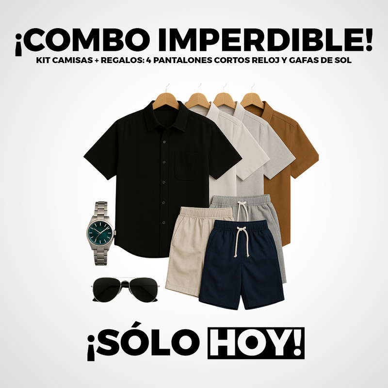 [Paga 2, Llevá 4] Kit Camisas Iron de Lino + REGALOS: 4 Shorts de Lino, Reloj y Gafas de Sol | PROMOCIÓN ESPECIAL 30 AÑOS - ENVÍO GRATIS