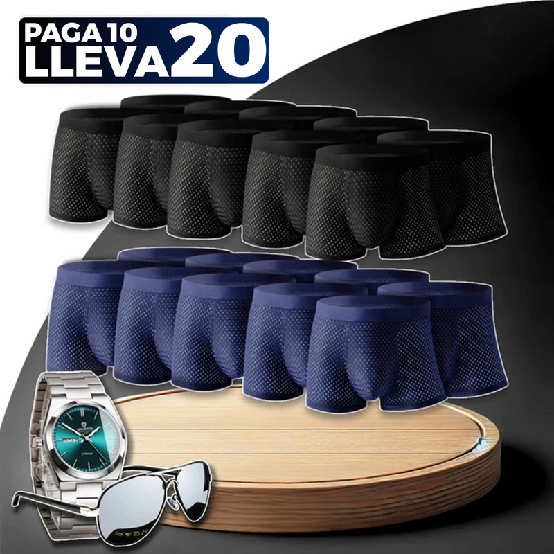 Paga 10, Llevás 20 – Kit de Calzoncillos Bóxer de Fibra de Bambú con REGALOS: Reloj y Gafas | PROMOCIÓN ESPECIAL 30 AÑOS - ENVÍO GRATIS