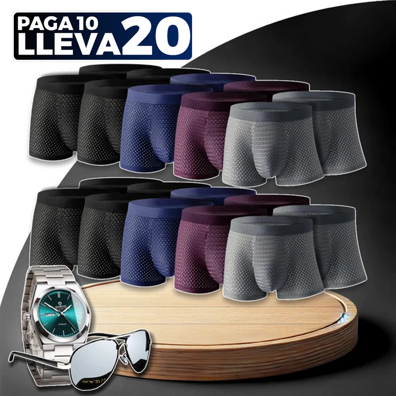 Paga 10, Llevás 20 – Kit de Calzoncillos Bóxer de Fibra de Bambú con REGALOS: Reloj y Gafas | PROMOCIÓN ESPECIAL 30 AÑOS - ENVÍO GRATIS