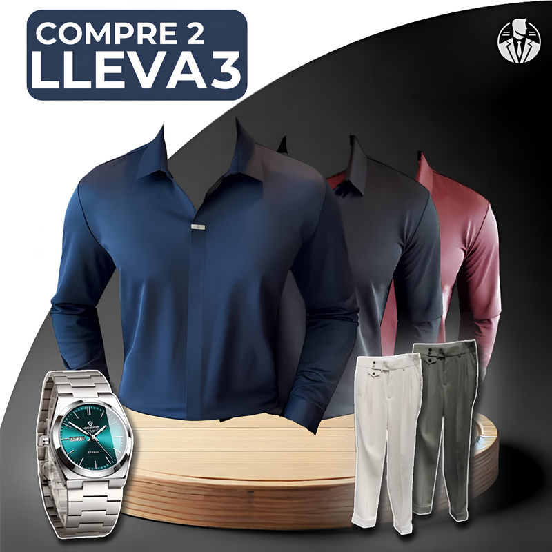 [PAGA 2, LLEVA 3] KIT DE CAMISAS POLO DOMIRAN DE SEDA HIELO Y POLIÉSTER + REGALOS: RELOJ Y 2 PANTALONES AJUSTABLES