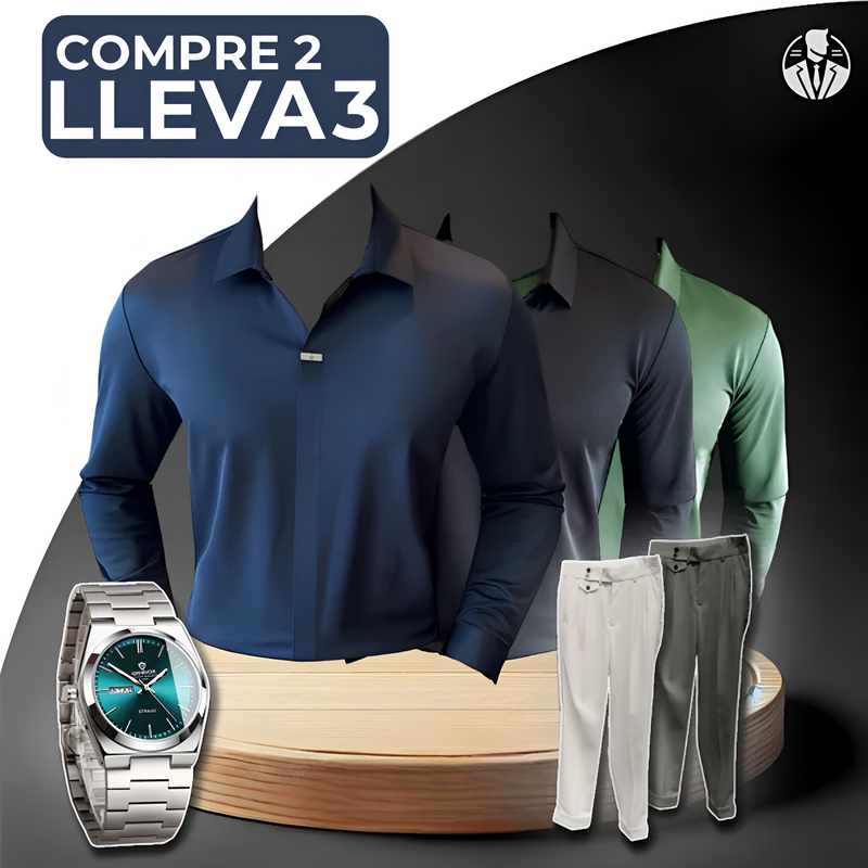 [PAGA 2, LLEVA 3] KIT DE CAMISAS POLO DOMIRAN DE SEDA HIELO Y POLIÉSTER + REGALOS: RELOJ Y 2 PANTALONES AJUSTABLES