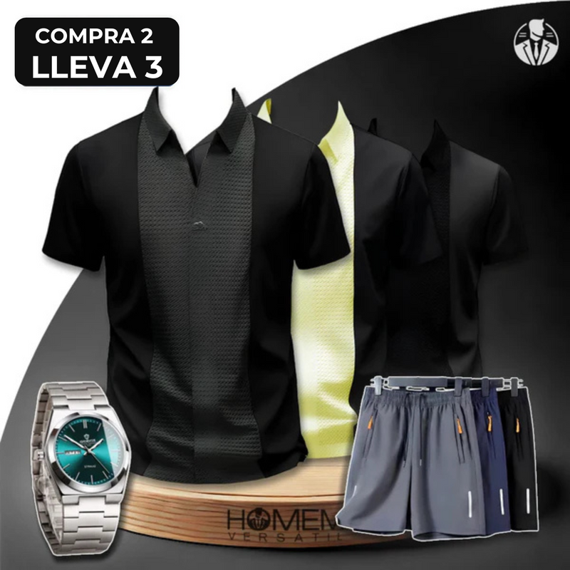 [PAGA 2, LLEVA 3] Camisa Polo Casual Italiana De Seda Hielo Y Poliéster + Regalos: 3 BERMUDAS Y UN RELOJ.