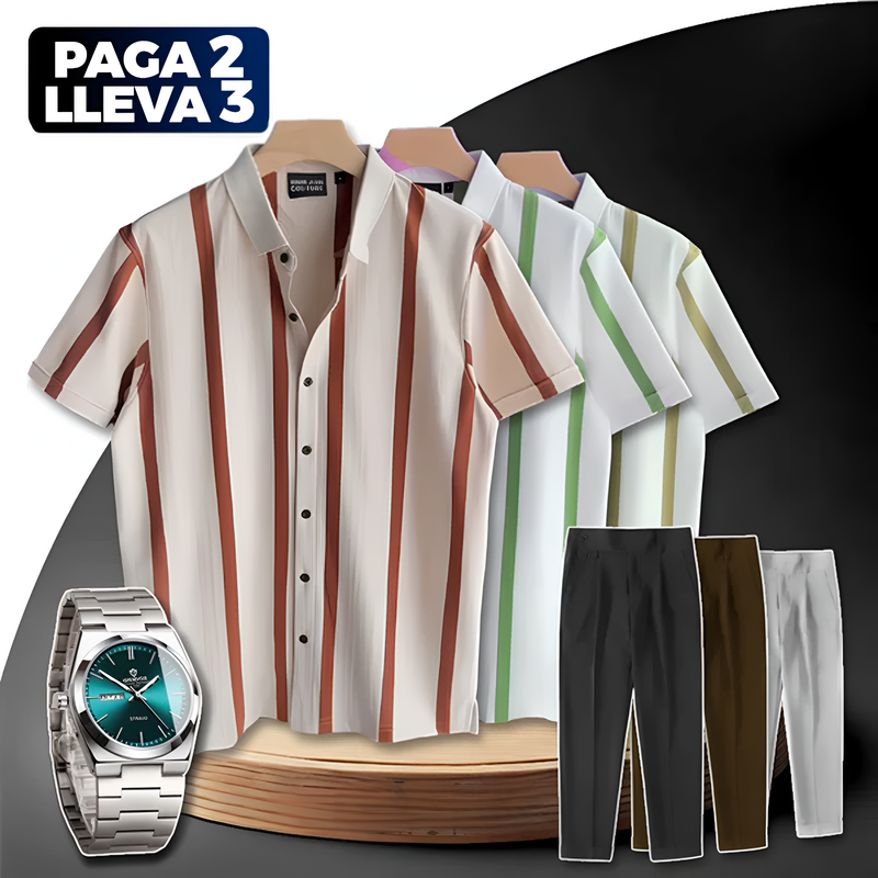 Paga 2, Lleva 3 Kit de Camisas a Rayas Zark + Pantalones Ajustables y Reloj | PROMOCIÓN ESPECIAL 30 AÑOS - ENVÍO GRATIS