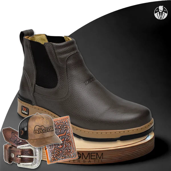 KIT BOTA ORTOPÉDICA MASCULINA ZAMU EN 100% CUERO VACUNO + REGALOS: CINTURÓN, GORRA Y BILLETERA