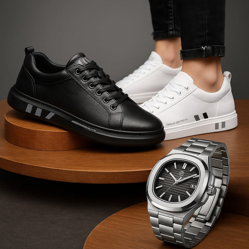 ¡PAGÁ 1, LLEVÁ 4! Kit All Black: 2 Zapatillas Flat Neo de Cuero Legítimo y 2 Relojes Premium | PROMOCIÓN ESPECIAL 30 AÑOS - ENVÍO GRATIS